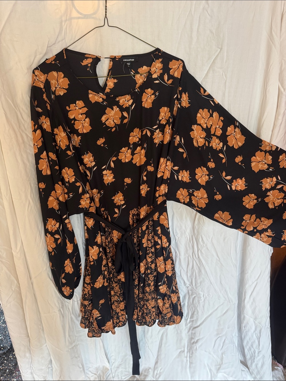 mittoshop Black Blouse with Orange Floral Print and Tie Waist